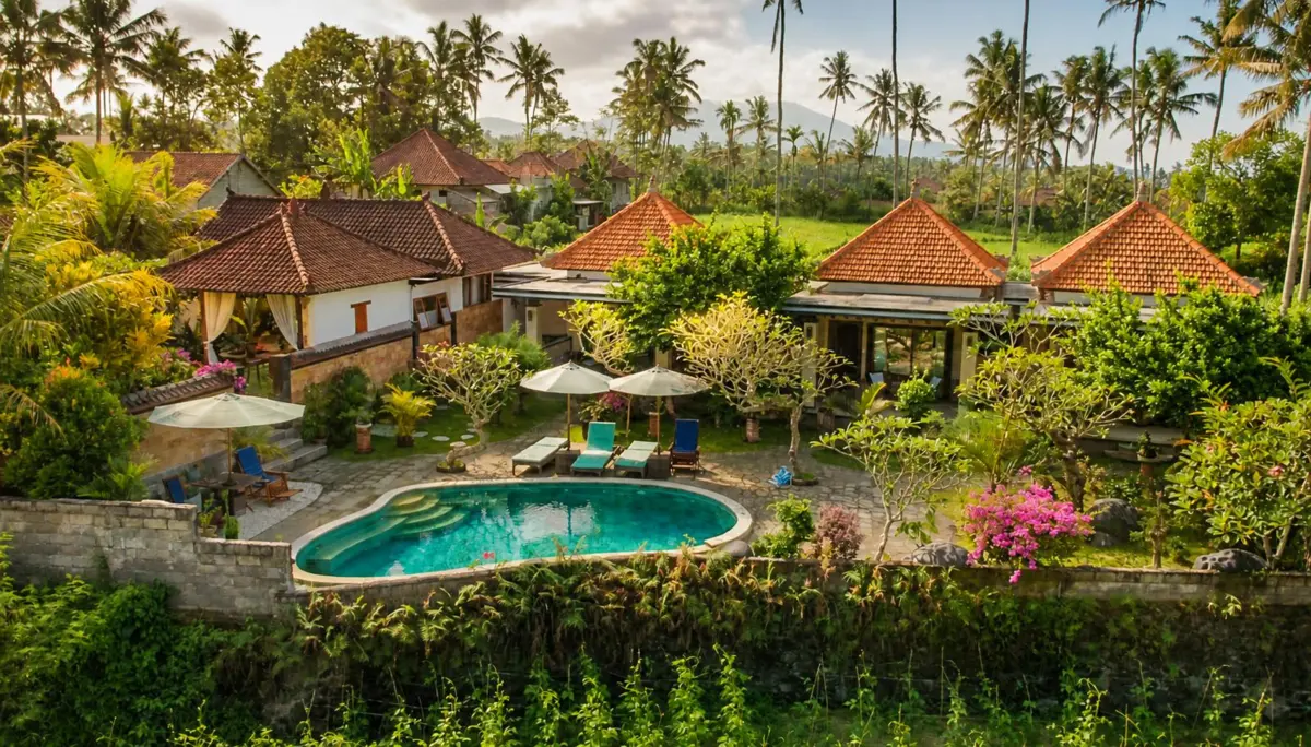 Dana Bali Hideaway bungalows and garden around the pool